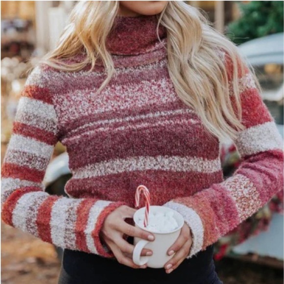 Free People Sweaters - Free People My Girl Turtleneck Top Chunky Knit Striped Cropped Sweater, Red